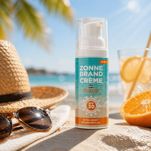 Zonnebrandcrème in dispenser 30 ml met eigen full color label - origineel zomergeschenk 2026 - Yipp & Co