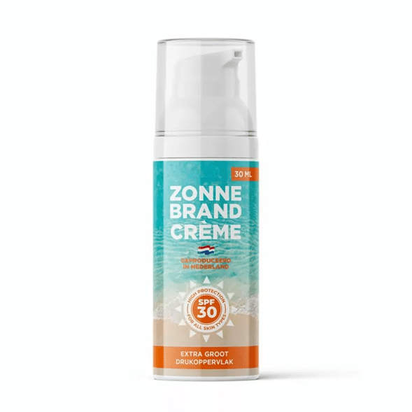 Zonnebrandcrème in airless dispenser 30 ml met eigen full color label - origineel zomergeschenk - Yipp & Co